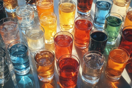 Colorful assortment of drinks arranged in glasses on a reflective surface in ...