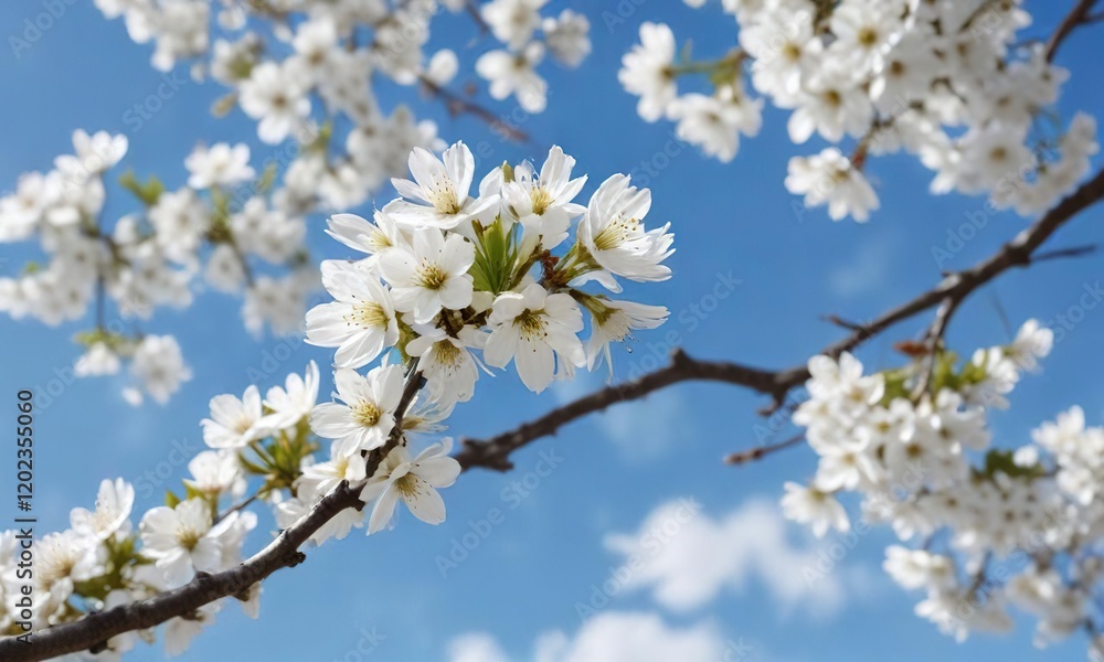 Close-up of white cherry blossom tree branches against bright blue sky, floral, spring Close-up of white cherry blossom tree branches against bright blue sky, floral, spring