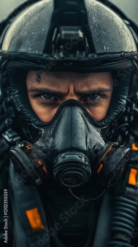 Fighter pilot in cockpit wearing helmet and mask during mission preparation i...