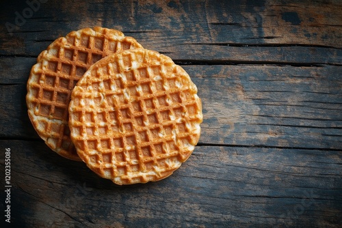 Delicious thin waffles placed on rustic wooden table
