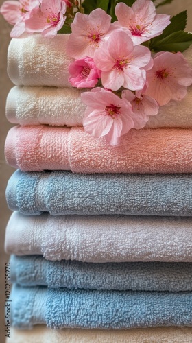 Soft towels stacked neatly with delicate pink flowers arranged on top for a s...