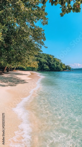Calm turquoise waters lap against a serene sandy shore surrounded by lush gre...