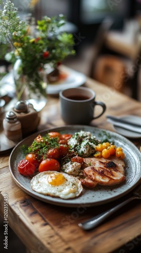 Delicious brunch spread featuring savory dishes and fresh ingredients in a co...