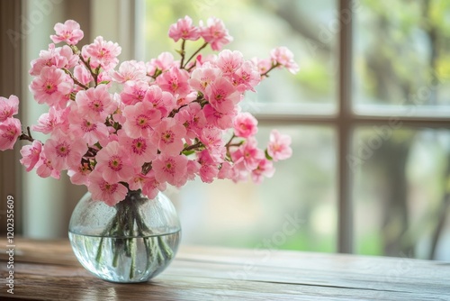 Beautiful pink flowers in a vase by a window with sunlight filtering through ...