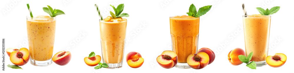 Peach smoothie in a glass with mint isolated on transparent background, Set of Peach smoothie in a glass with mint isolated on transparent background, Set of