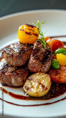 Grilled steak served with fresh tomatoes and mixed greens on a white plate