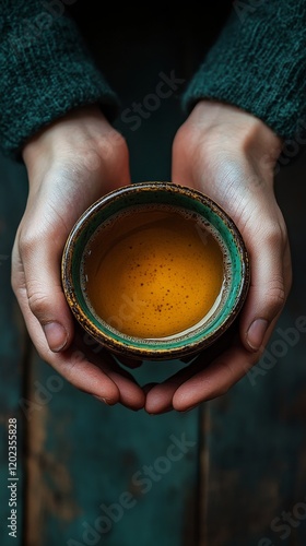 Warm cup of tea held in cozy hands on a rustic wooden table
