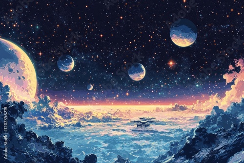Exploration of outer space with a futuristic spacecraft orbiting a distant moon