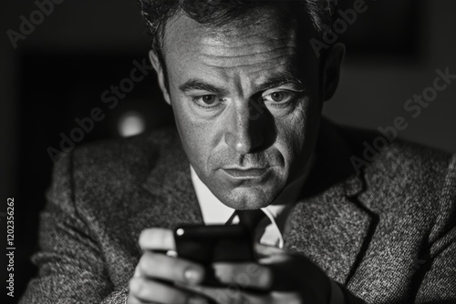 Businessman engrossed in phone while dressed in formal attire in urban setting