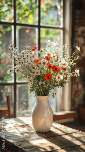 Beautiful white flowers in a vase brighten a cozy cafe setting during daytime