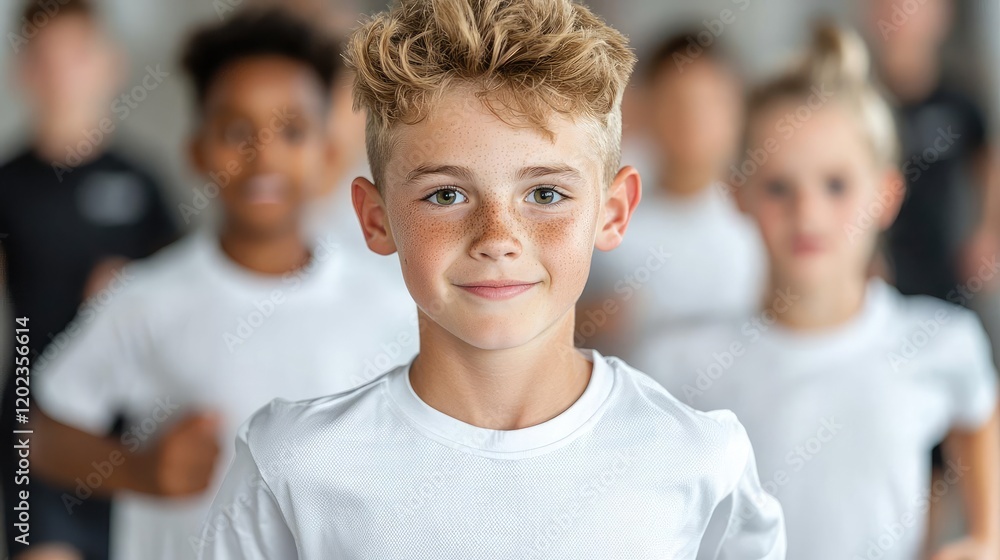 Fototapeta premium Kids running, smiling boy, group fitness, indoor gym, active lifestyle