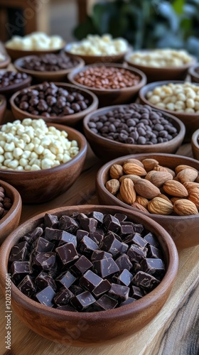 Assorted nuts and chocolates arranged in small bowls on wooden table for a de...