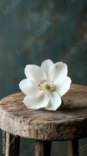 White flower resting on rustic wooden table in a cozy indoor setting during d...