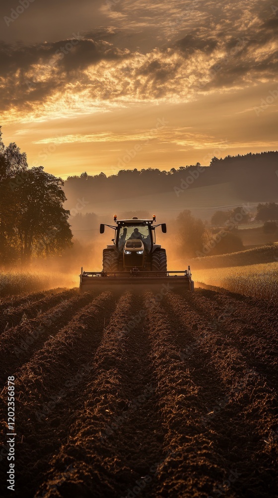 Fototapeta premium Tractor plowing a field at sunset with golden sky and dust in the air