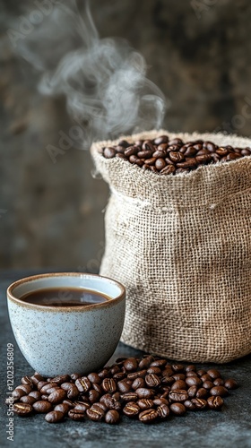 Warm coffee cup next to a sack of steaming coffee beans in a cozy setting