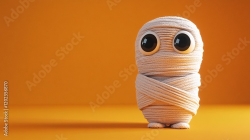 A cute, cartoonish mummy character made of yarn against a vibrant orange background. photo