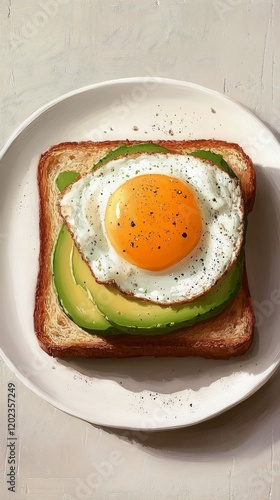 Sliced avocado on toasted bread with a fried egg in bright morning light