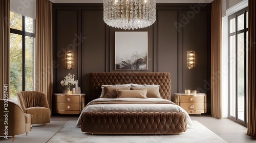 Luxurious bedroom interior, brown leather tufted bed, crystal chandelier, dark wood paneled walls, large windows, golden bedside lamps, plush carpet, elegant decor, warm lighting, high ceilings photo