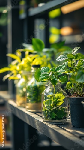Green plants thriving in glass jars on a display shelf in a modern indoor garden