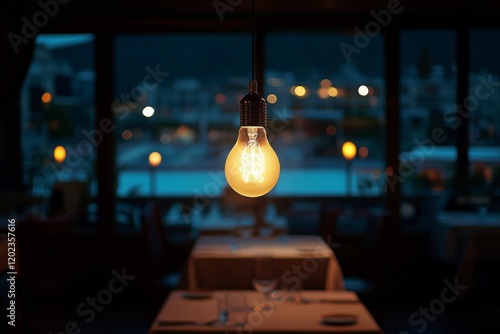 Warm light illuminates dining area in modern restaurant during evening hours