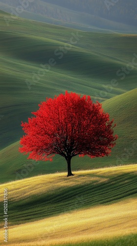 Vibrant red tree stands alone in a green field under a clear blue sky during ...
