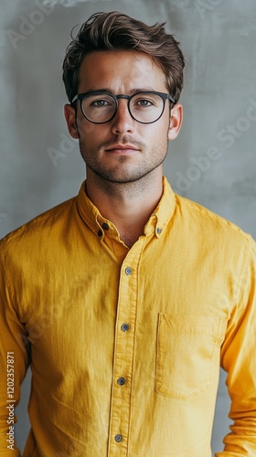 Confident man with glasses wearing an orange shirt poses against a dark backg...