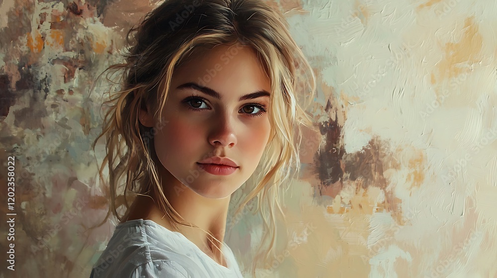 Fototapeta premium Portrait young woman with blonde hair in a white shirt