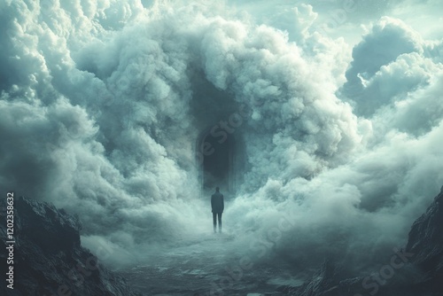 Surreal figure stands before mysterious portal in a cloud-filled landscape at...