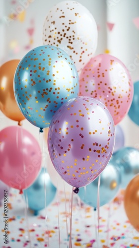 Colorful balloons with confetti decoration for a festive celebration indoors