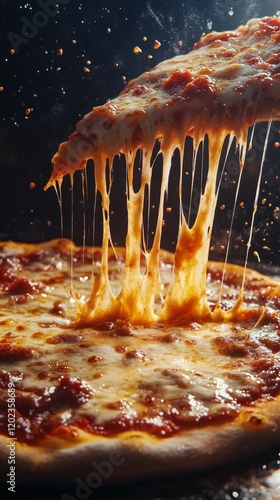 Delicious cheese pizza being lifted with gooey melted cheese against a starry...