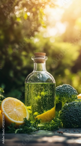 Refreshing green juice made with broccoli and lemon in a bright outdoor setting