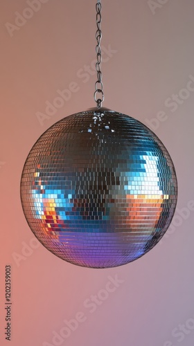 Colorful disco ball hanging with reflections and a vibrant backdrop at a fest...