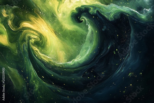 Vibrant green abstract design resembling swirling waves in a dark background