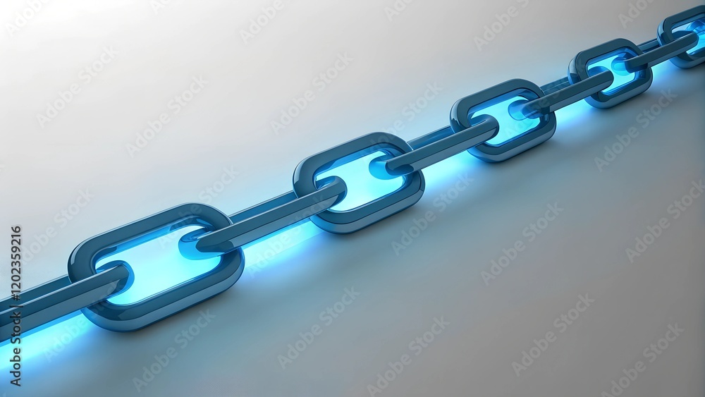 Fototapeta premium A striking visual of a continuous chain illuminated by a soft blue glow, creating a captivating contrast against a light backdrop, emphasizing simplicity and elegance
