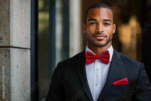 Elegant man in black suit with red bow tie and pocket square in urban setting