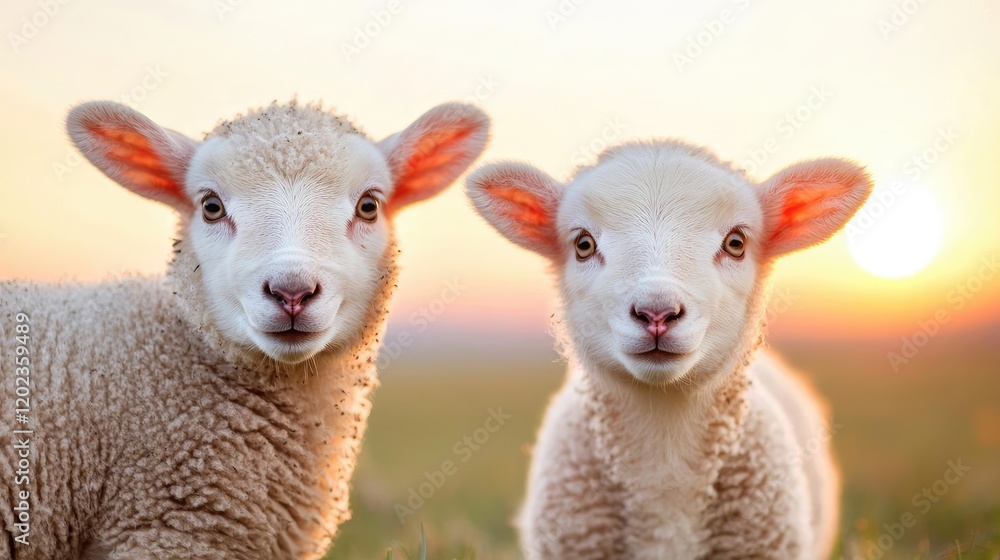Two lambs at sunset in a field, peaceful springtime scene, ideal for farm or nature themes Two lambs at sunset in a field, peaceful springtime scene, ideal for farm or nature themes