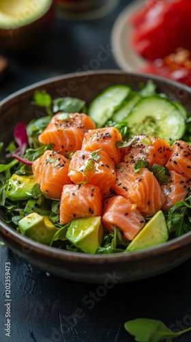 Fresh salad with salmon, avocado, and cherry tomatoes in a decorative bowl