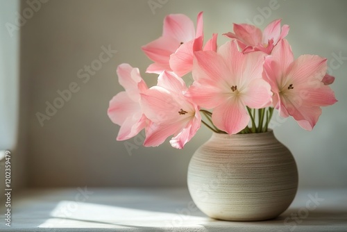 Beautiful pink flowers in a textured vase on a table against a soft, muted ba...