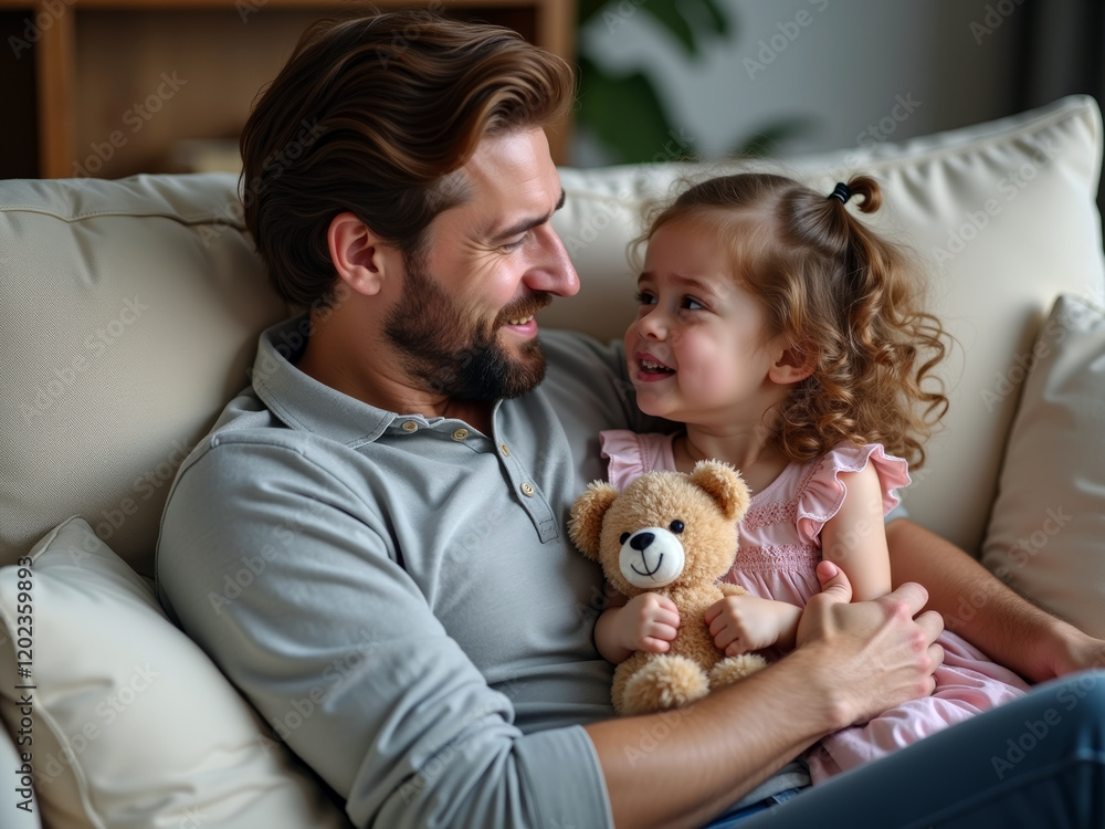 A father and his toddler daughter share a tender moment on the sofa, filled with love, joy and warmth, creating a beautiful memory of family A father and his toddler daughter share a tender moment on the sofa, filled with love, joy and warmth, creating a beautiful memory of family