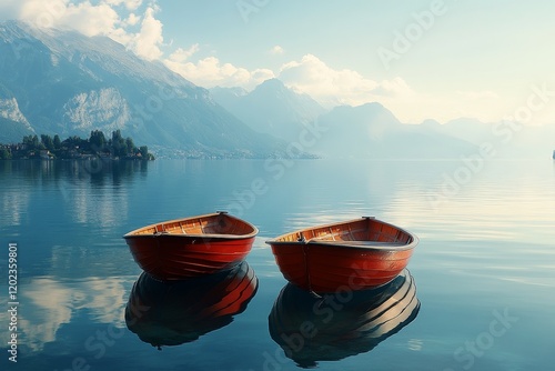 Misty lake with two wooden boats floating quietly in serene surroundings