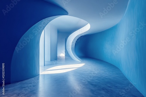 Stunning modern interior with curved blue walls and expansive glass windows s...