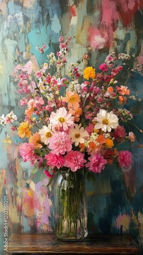 Vibrant flower arrangement in a glass vase brightens indoor space in springtime