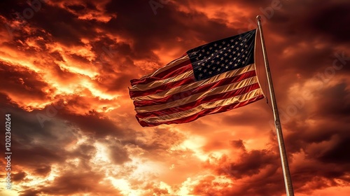 America flag flying majestically on a flagpole beneath dramatic skies photo