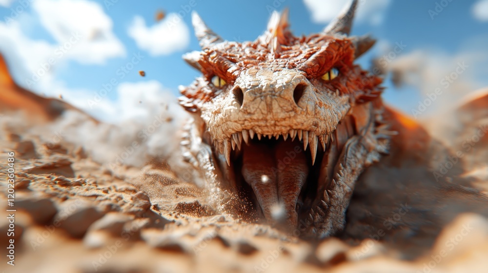 A vibrant dragon emerges from swirling desert dust, showcasing its fierce expression and intricate scales, juxtaposed against the backdrop of a bright blue sky. A vibrant dragon emerges from swirling desert dust, showcasing its fierce expression and intricate scales, juxtaposed against the backdrop of a bright blue sky.
