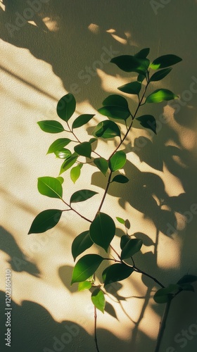 Shadow of a leaf branch highlighting natural beauty against a textured wall