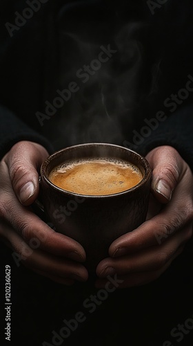 Warm cup of coffee held gently in hands with steam rising in a cozy setting d...