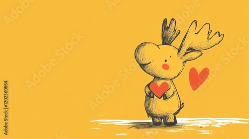 A cute cartoon moose holding two hearts against a vibrant yellow background. photo