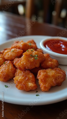 Crispy golden fried snacks served with dip on a plate at a restaurant