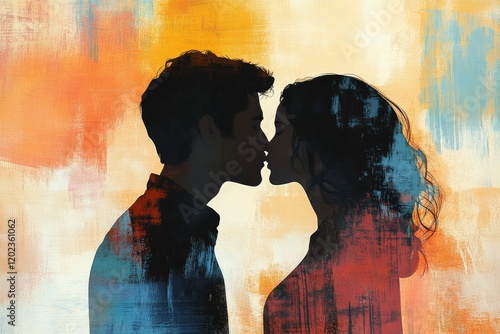 Romantic kiss between young couple in a dimly lit setting with a rustic backg...