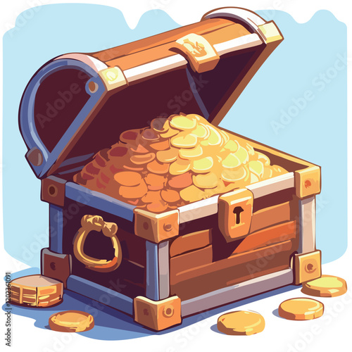 Chest with gold, treasures. Vector illustration or icon for computer or phone games.